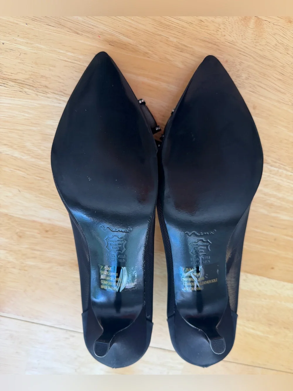Nina Black Satin Pointed-Toe Pumps with Rhinestone Bow